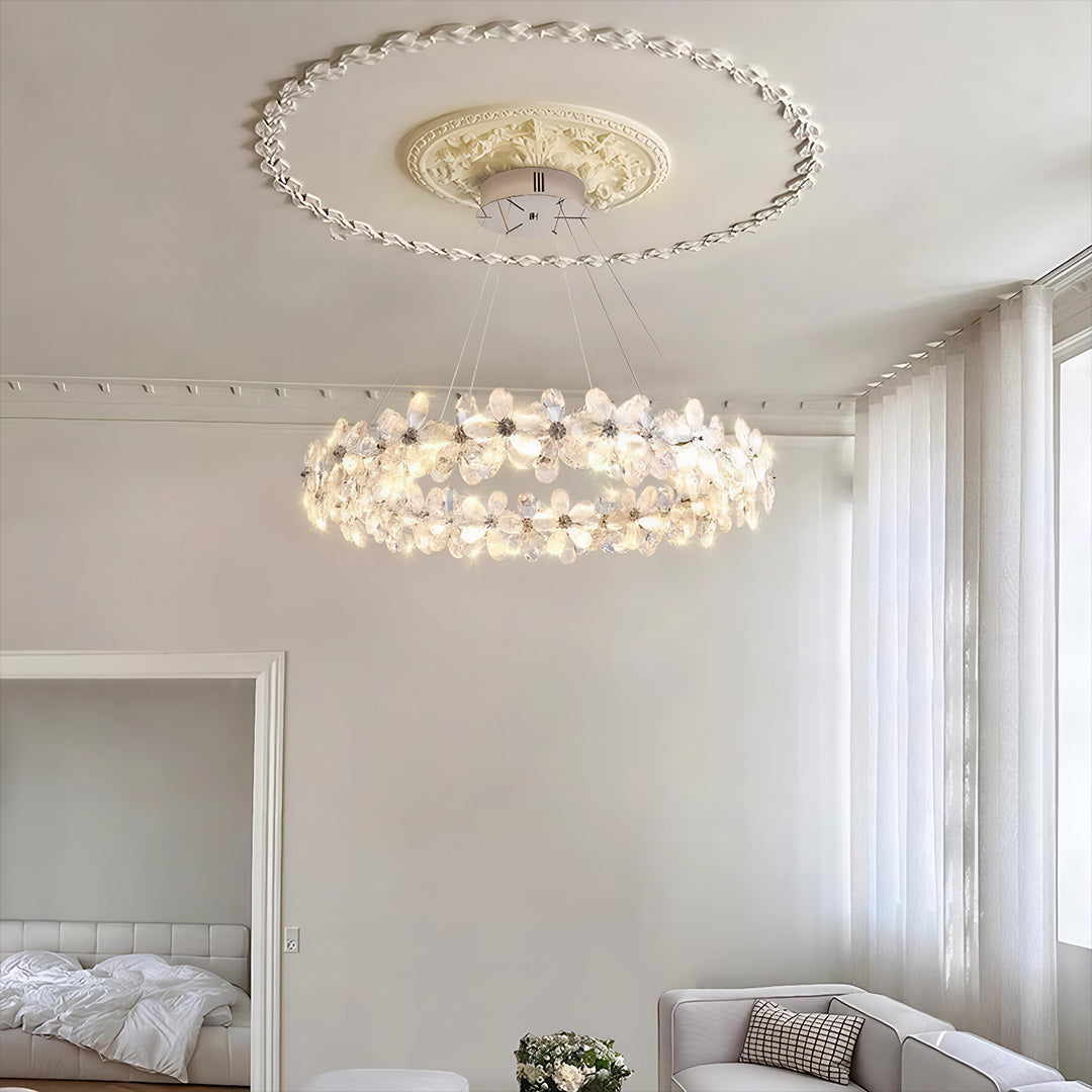 French Flower Crystal Chandelier — Mirror-Polished Metal, K9 Crystal, Stepless Dimming 3000K–6000K, Remote Control, Multiple Sizes