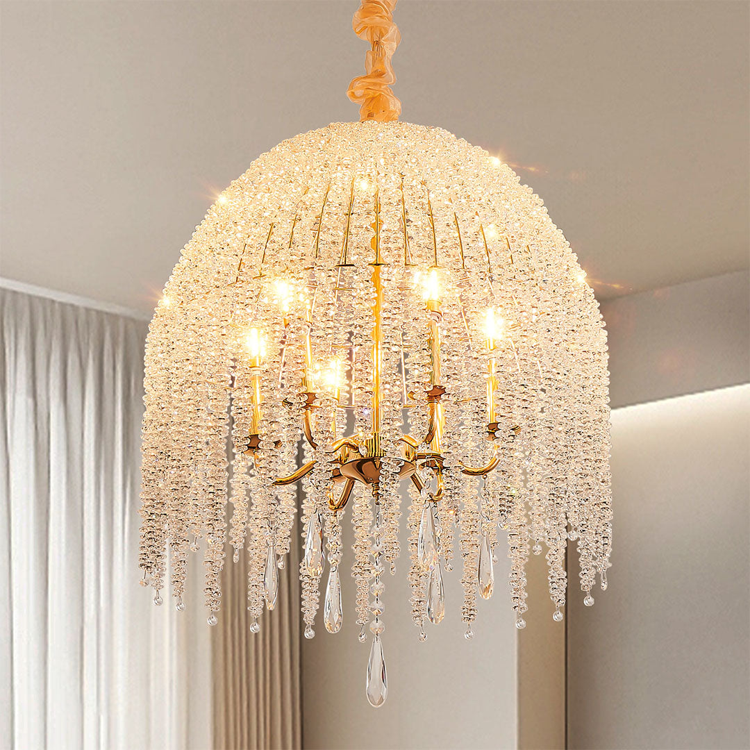 French Country Teardrop Crystal Chandelier — Gold Metal Frame, Adjustable 60" Chain, E12, Two Sizes