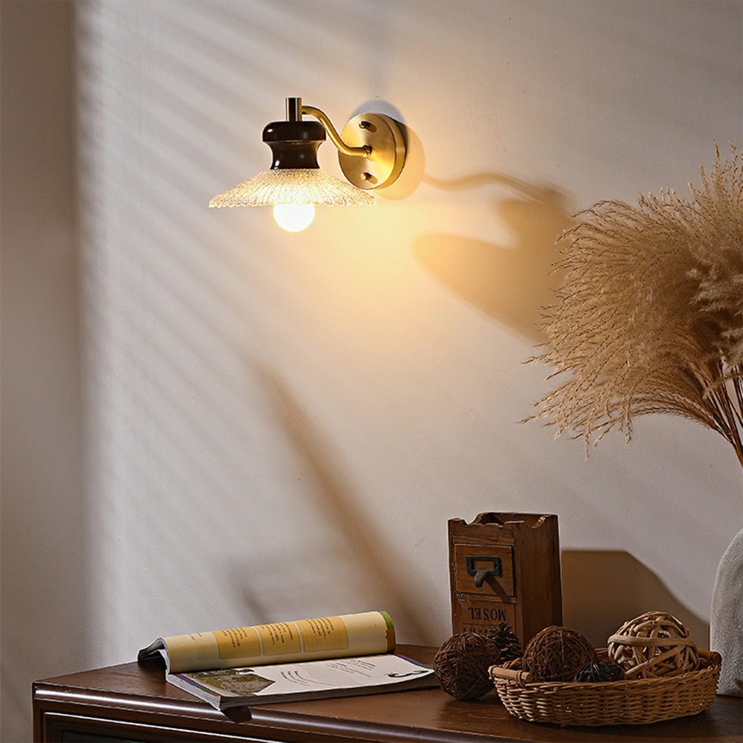 Retro Brass and Wax Wood Wall Sconce — Blown Glass Shade, E27, 6W Warm White, Hardwired