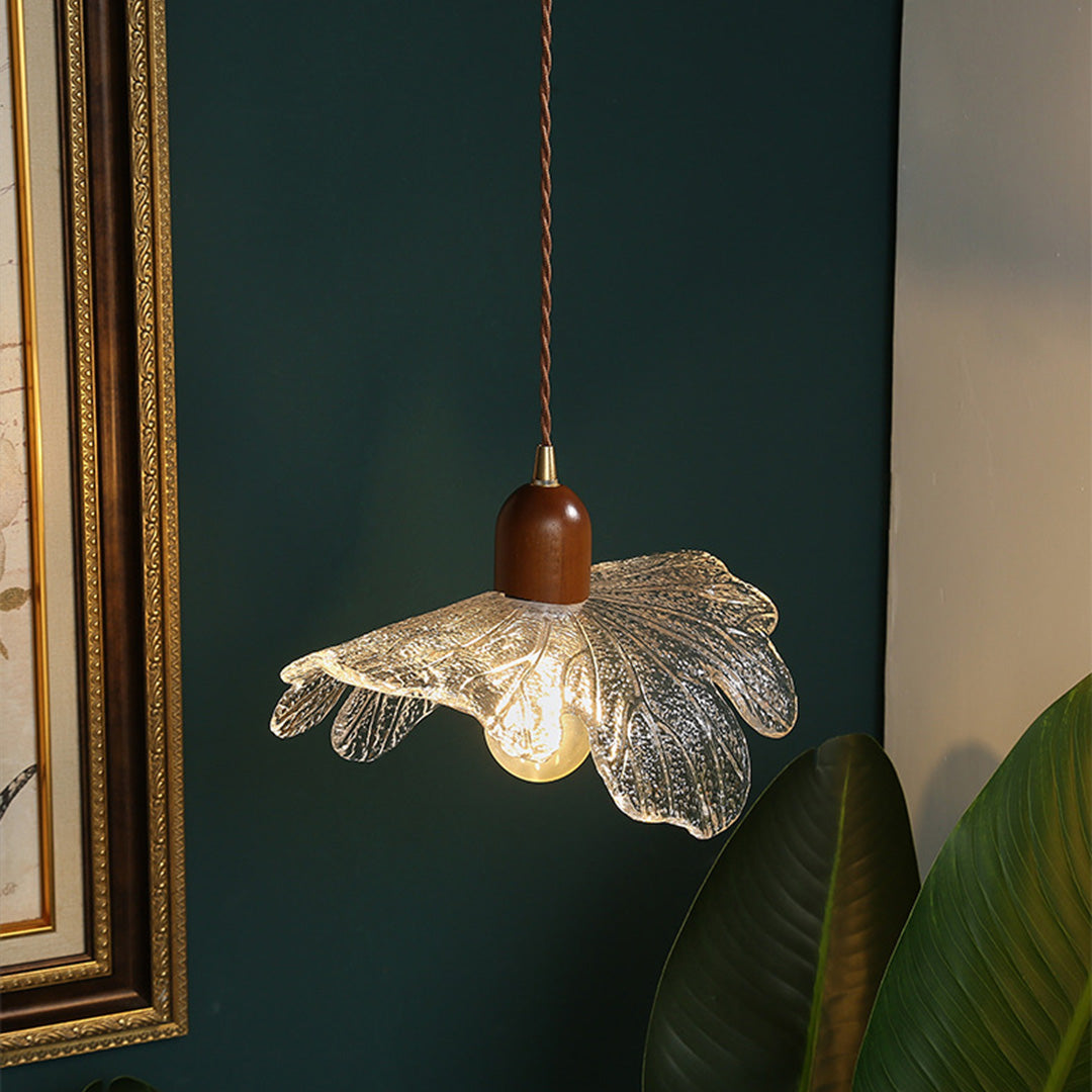 Lotus Leaf Mini Pendant — H65 Brass and Handcrafted Glass, Wood Accent, 1-Light, 3000K Warm, Hardwired
