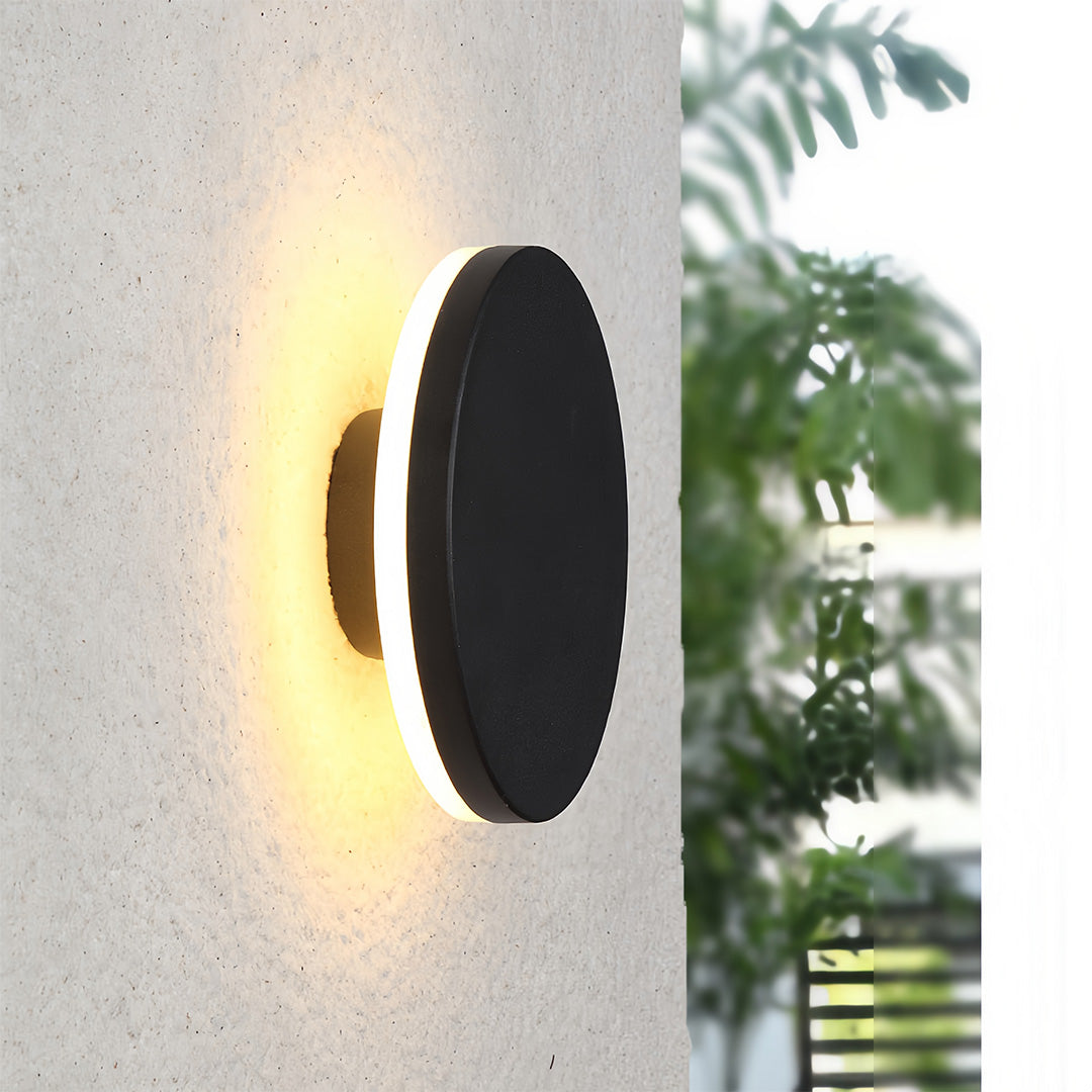 Modern Circular Outdoor Wall Sconce — Die-Cast Aluminum, Acrylic Shade, LED, IP54, 6" or 8"