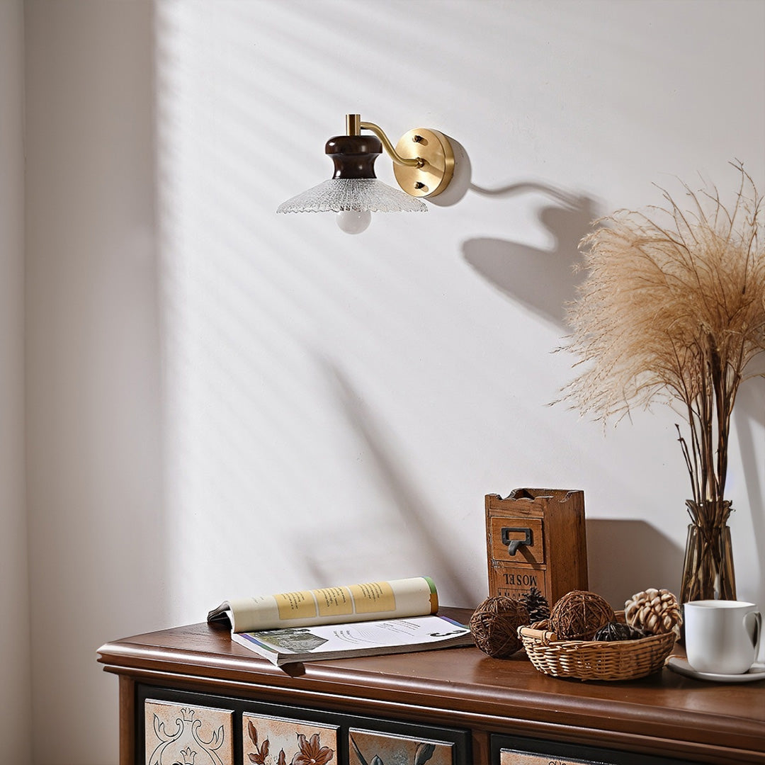 Retro Brass and Wax Wood Wall Sconce — Blown Glass Shade, E27, 6W Warm White, Hardwired