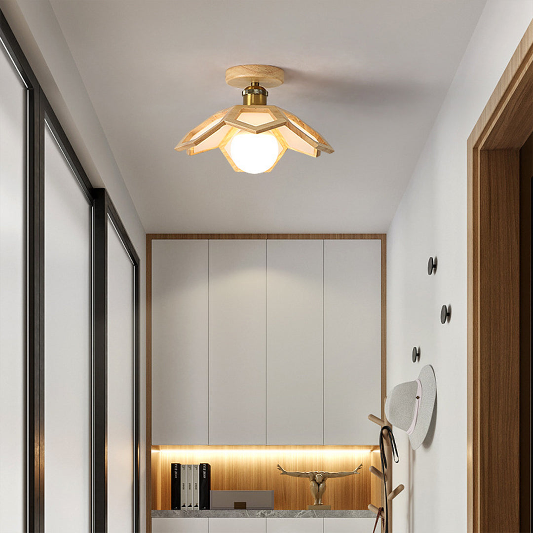 Lotus Semi-Flush Mount — Oak Wood, LED E27, 3-Step Dimming (3000K/4000K/6000K), 11"
