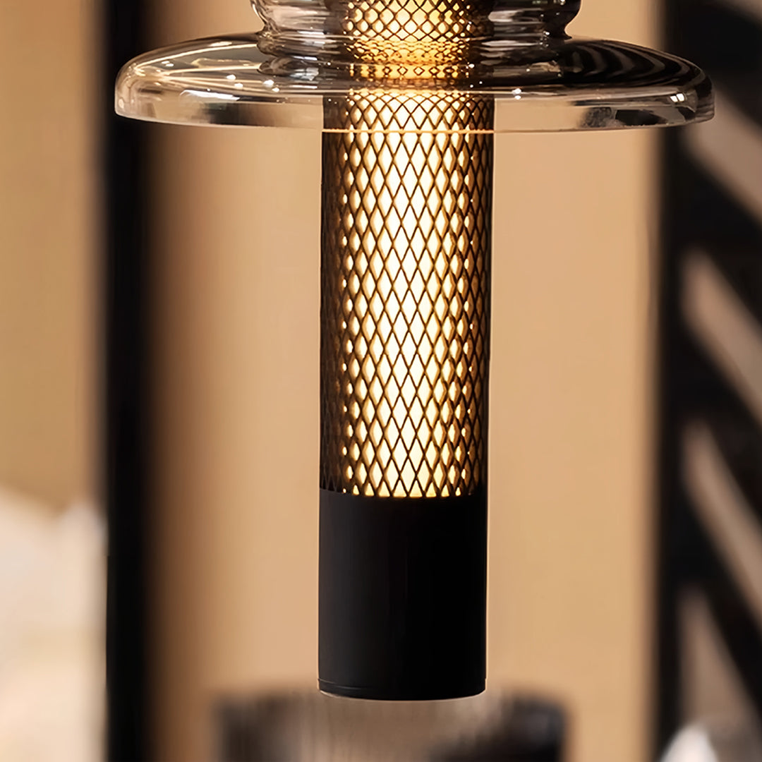 Geometric Mini Pendant — Black Iron and Aluminum, Hand-Blown Glass Shade, 7W LED, 3-Step Dimming, Dimmable, Remote Control