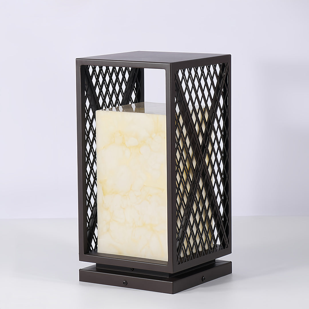 Square Outdoor Bollard Lantern — Galvanized Steel, Marble-Texture Shade, 10W LED 3000K, IP65