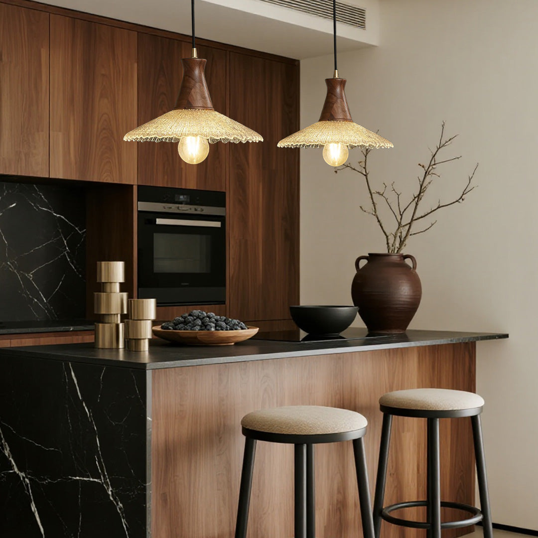 Wabi-Sabi Mini Pendant — Blown Glass, Walnut Wood and H65 Brass, 6W LED E27, 1.8m Adjustable Cord