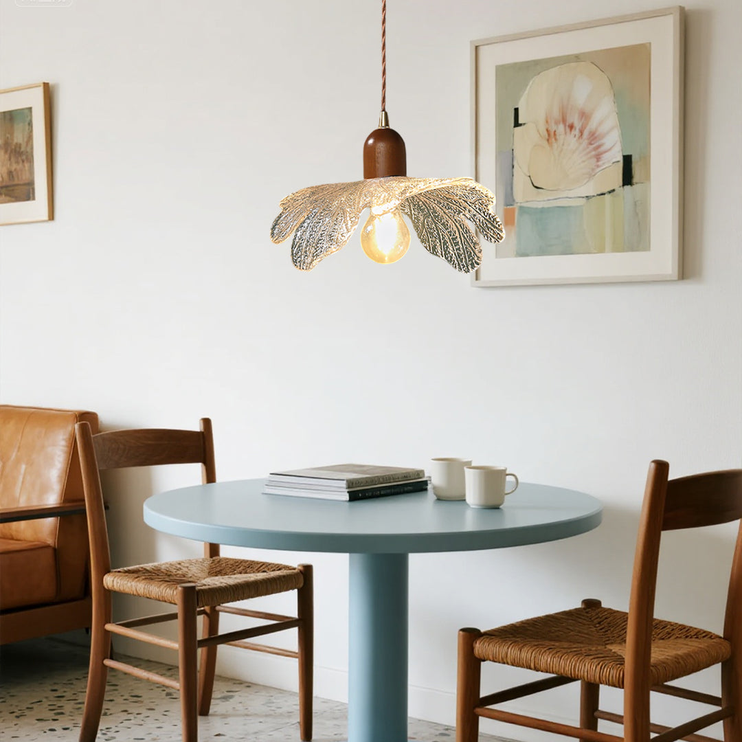 Lotus Leaf Mini Pendant — H65 Brass and Handcrafted Glass, Wood Accent, 1-Light, 3000K Warm, Hardwired
