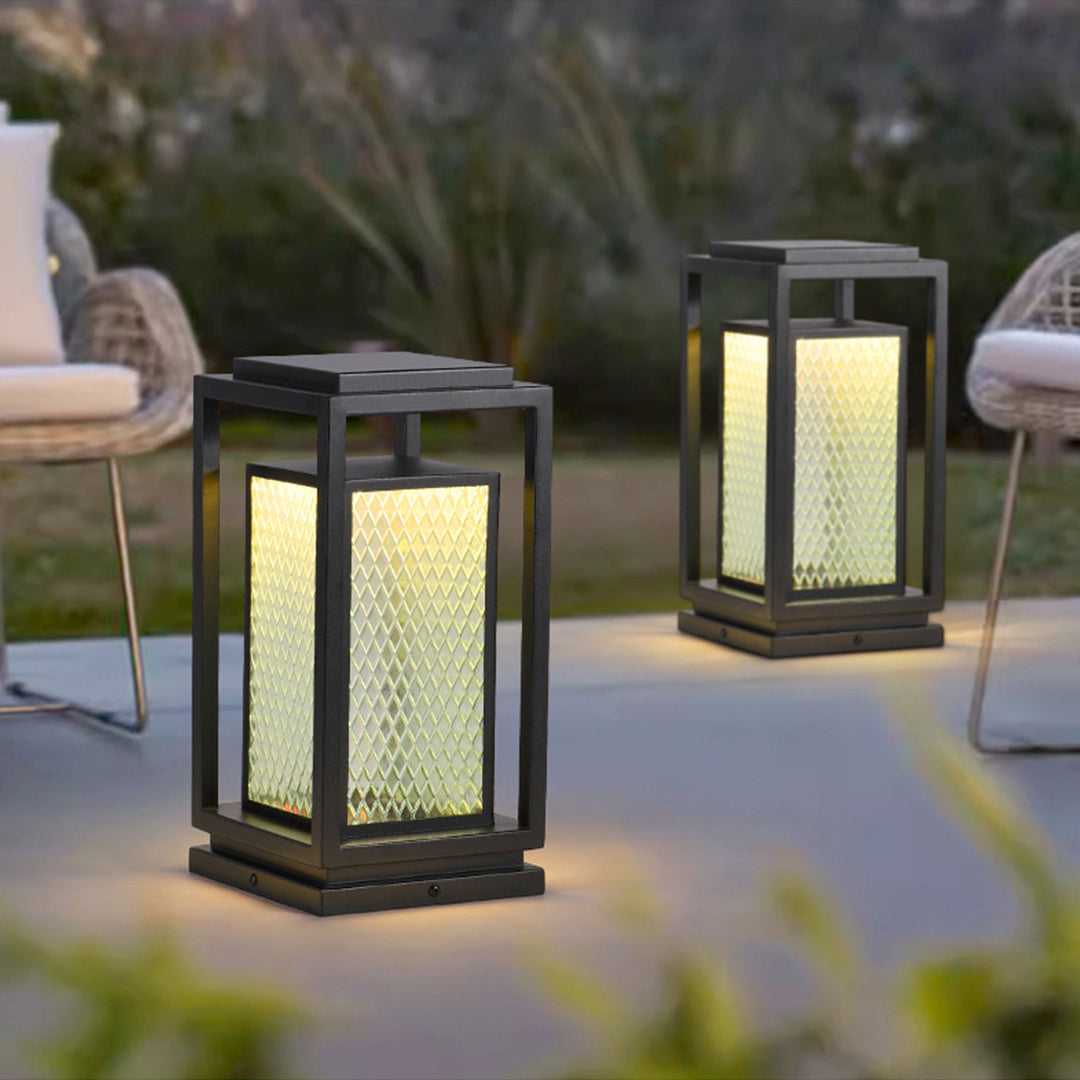 Industrial Square Glass Lantern Bollard — Black, Galvanized Steel, IP65, LED, Hardwired or Solar, 3 Sizes
