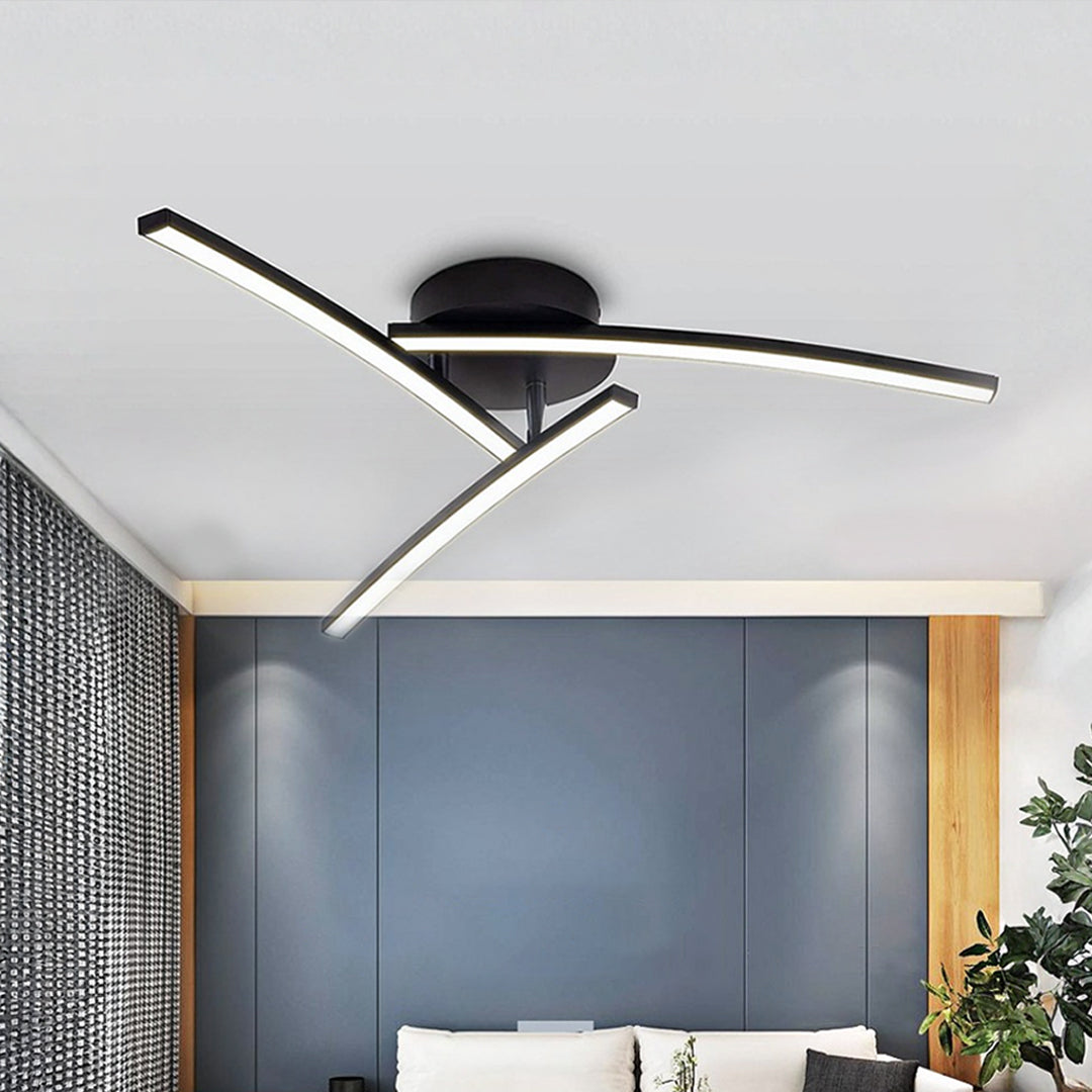 Three-Arc Rotating Semi-Flush Mount — Black Aluminum & Acrylic, 15W LED, 3-Step Dimming (3000K/4000K/6000K), 23.62"