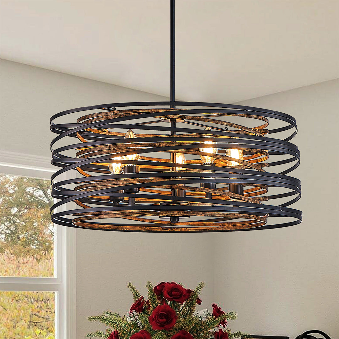 Round Drum Pendant Light — Black Iron, Walnut Wood Texture, Iron Cage, E12, 12.6" / 19.7" / 23.6"