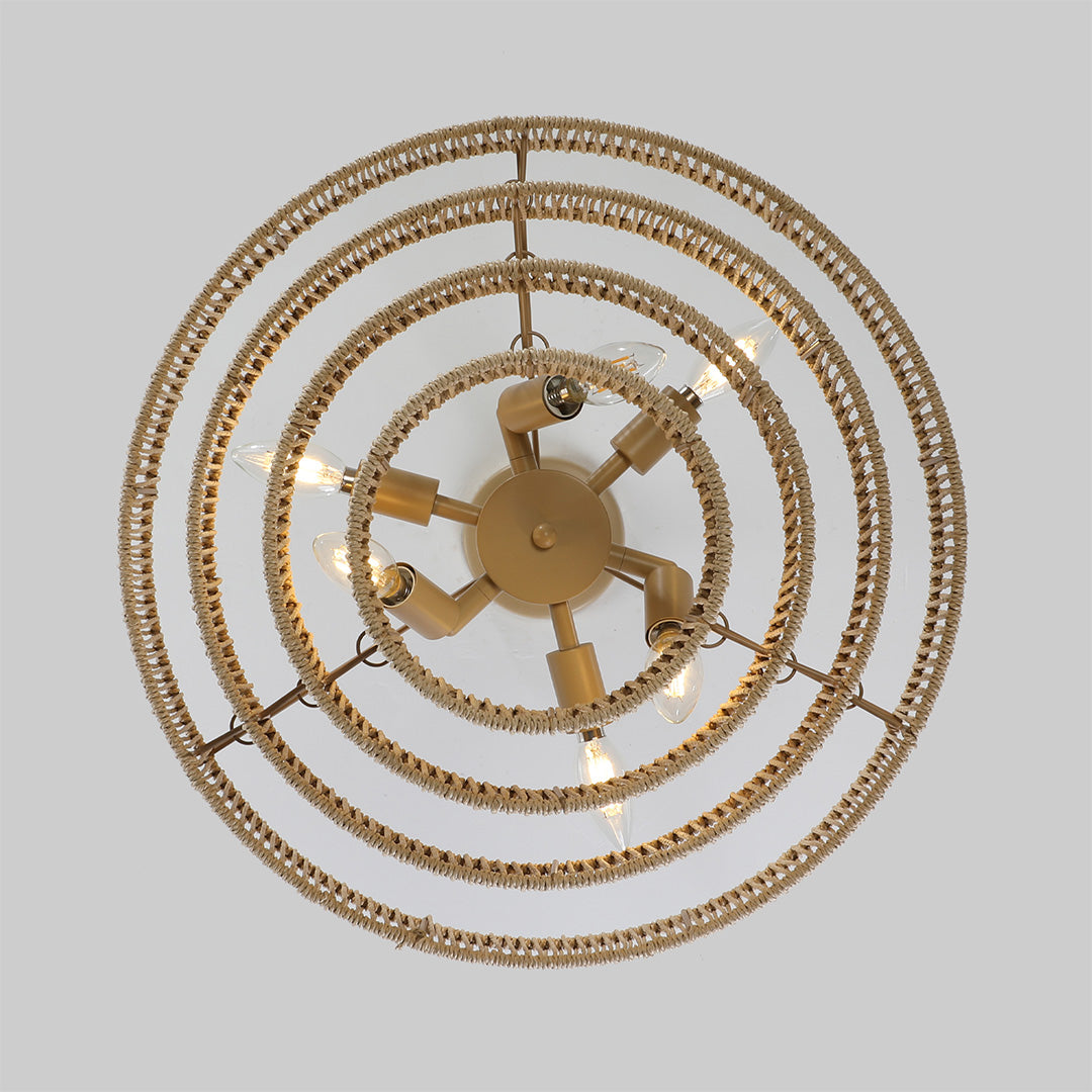 Zen Jute-Rope Chandelier — Iron Frame, Hand-Woven Natural Jute, 6-Light or 8-Light, E12, 59.1" Adjustable Chain