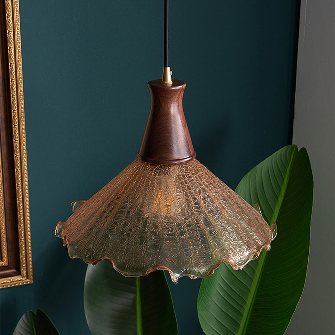 Vintage Brass Mini Pendant — H65 Brass, Cracked Glass, Walnut Wood, E27 LED, 3000K, 1-Light