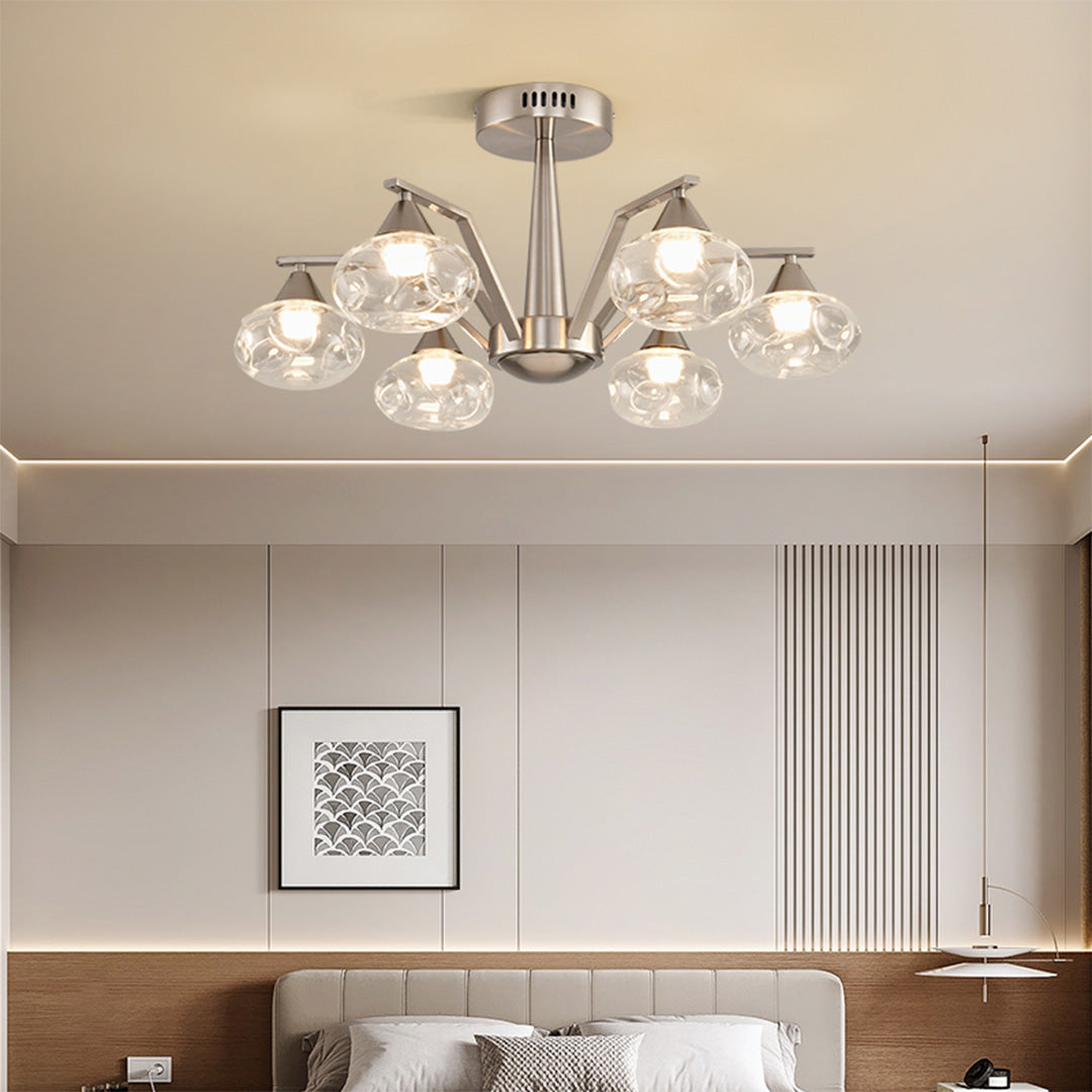 Sputnik Mid-Century Semi-Flush Mount — Sand Nickel Iron, Cognac Glass, 6- or 8-Light, Three-Color Dimming