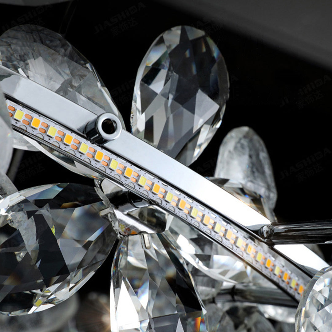 French Flower Crystal Chandelier — Mirror-Polished Metal, K9 Crystal, Stepless Dimming 3000K–6000K, Remote Control, Multiple Sizes