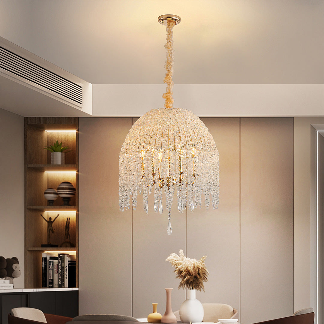 French Country Teardrop Crystal Chandelier — Gold Metal Frame, Adjustable 60" Chain, E12, Two Sizes