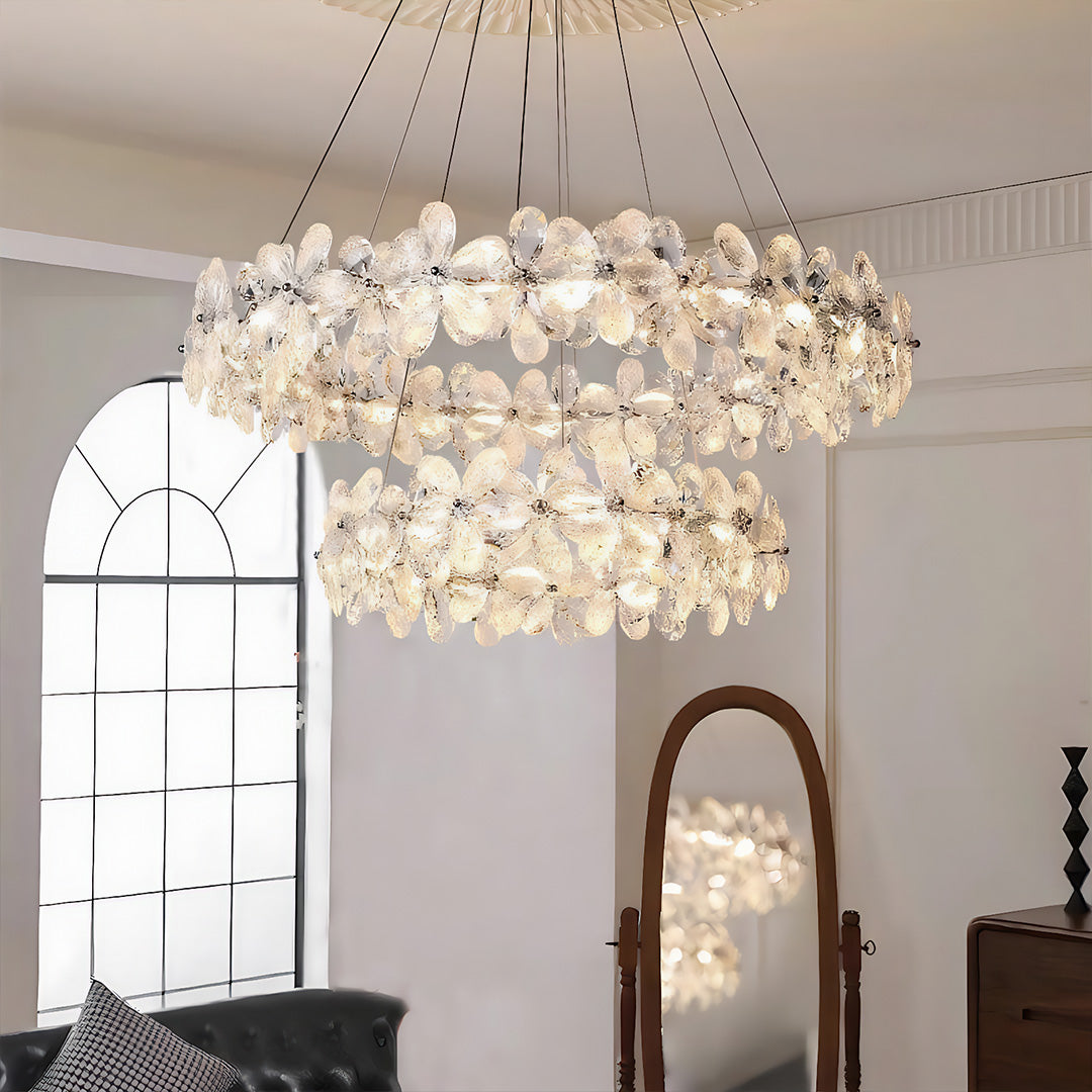 French Flower Crystal Chandelier — Mirror-Polished Metal, K9 Crystal, Stepless Dimming 3000K–6000K, Remote Control, Multiple Sizes