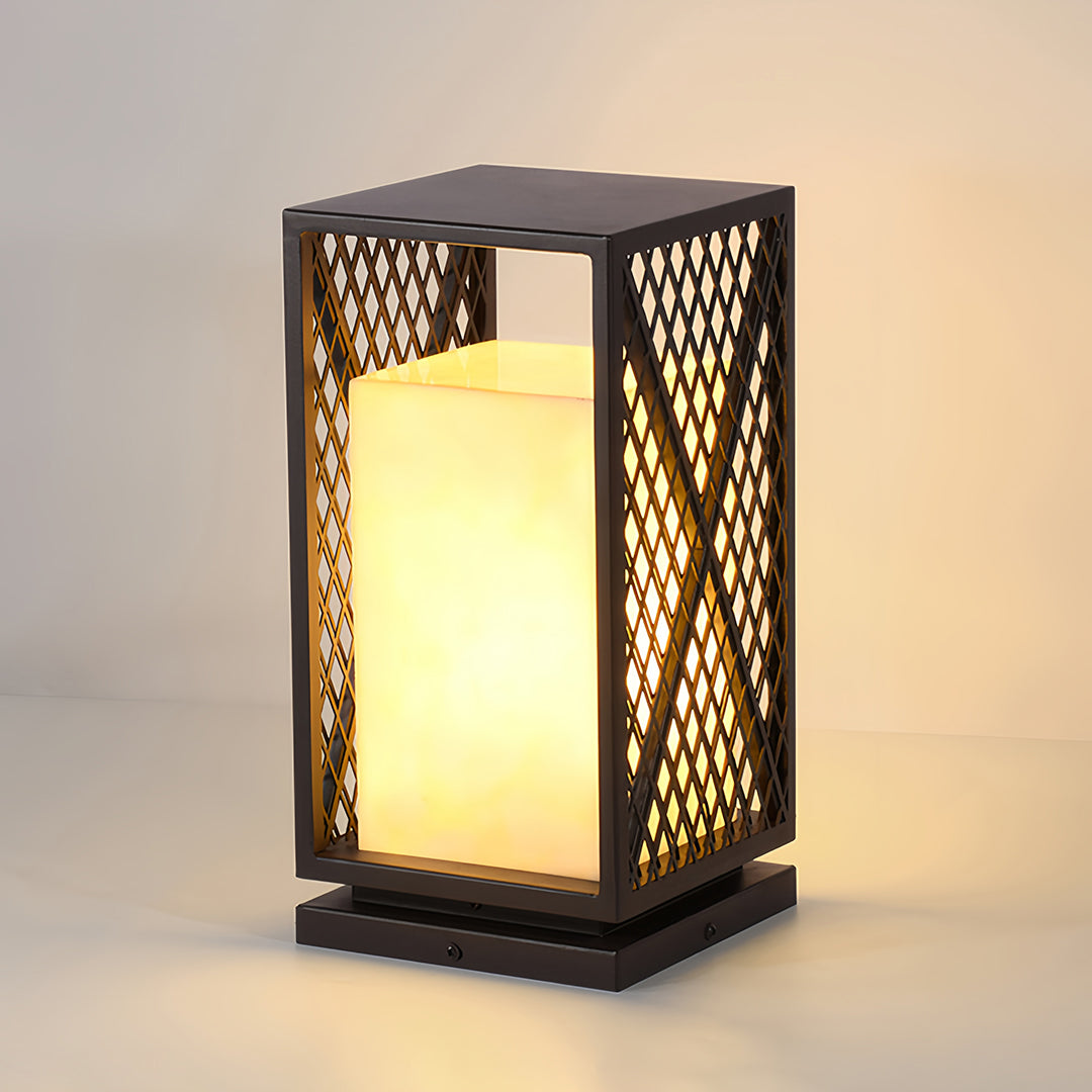 Square Outdoor Bollard Lantern — Galvanized Steel, Marble-Texture Shade, 10W LED 3000K, IP65