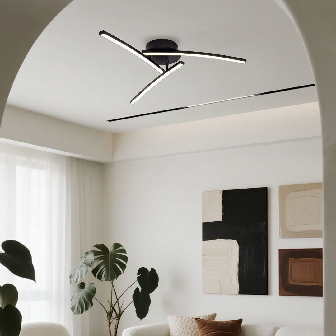 Three-Arc Rotating Semi-Flush Mount — Black Aluminum & Acrylic, 15W LED, 3-Step Dimming (3000K/4000K/6000K), 23.62"