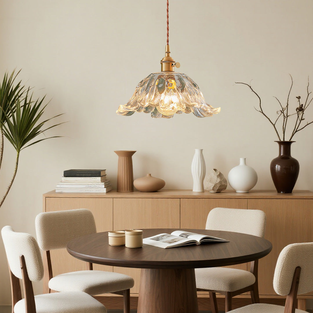 Floral Glass Mini Pendant — Brushed Brass, 1-Light, 6W, Available in Three Sizes