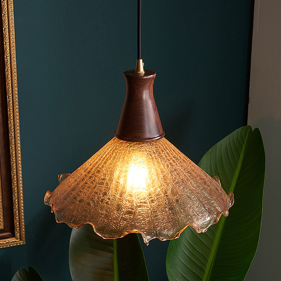 Vintage Brass Mini Pendant — H65 Brass, Cracked Glass, Walnut Wood, E27 LED, 3000K, 1-Light