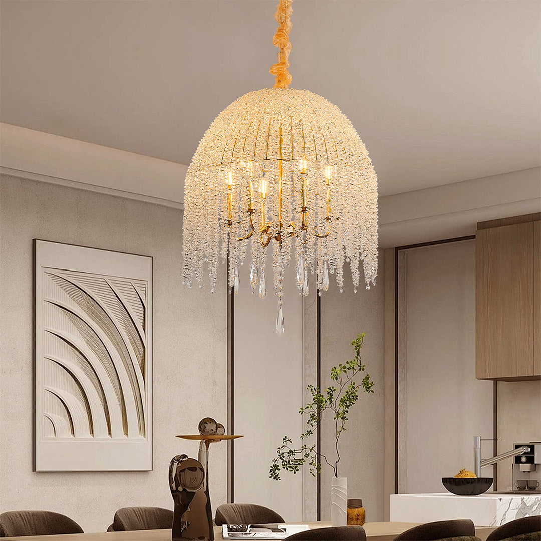 French Country Teardrop Crystal Chandelier — Gold Metal Frame, Adjustable 60" Chain, E12, Two Sizes
