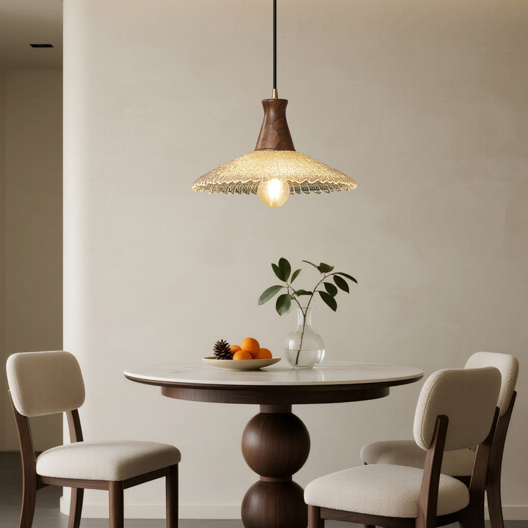 Wabi-Sabi Mini Pendant — Blown Glass, Walnut Wood and H65 Brass, 6W LED E27, 1.8m Adjustable Cord