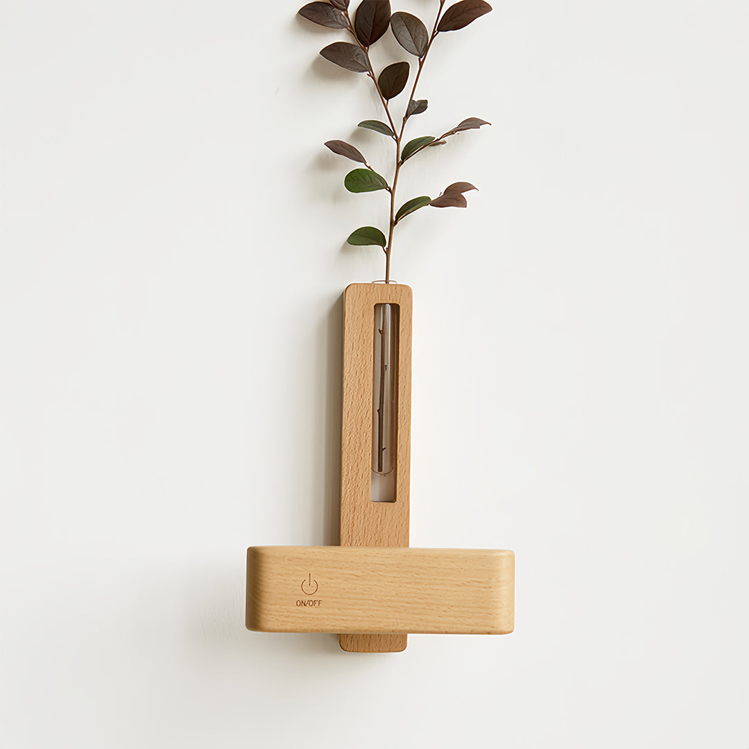 Minimalist Wood Wall Sconce with Glass Vase — Acrylic Diffuser, USB Rechargeable, Wireless Magnetic Mount