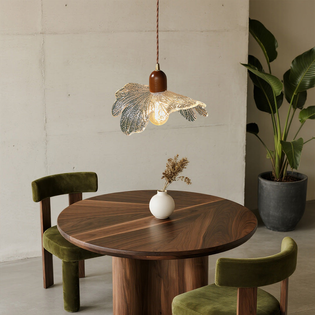 Lotus Leaf Mini Pendant — H65 Brass and Handcrafted Glass, Wood Accent, 1-Light, 3000K Warm, Hardwired