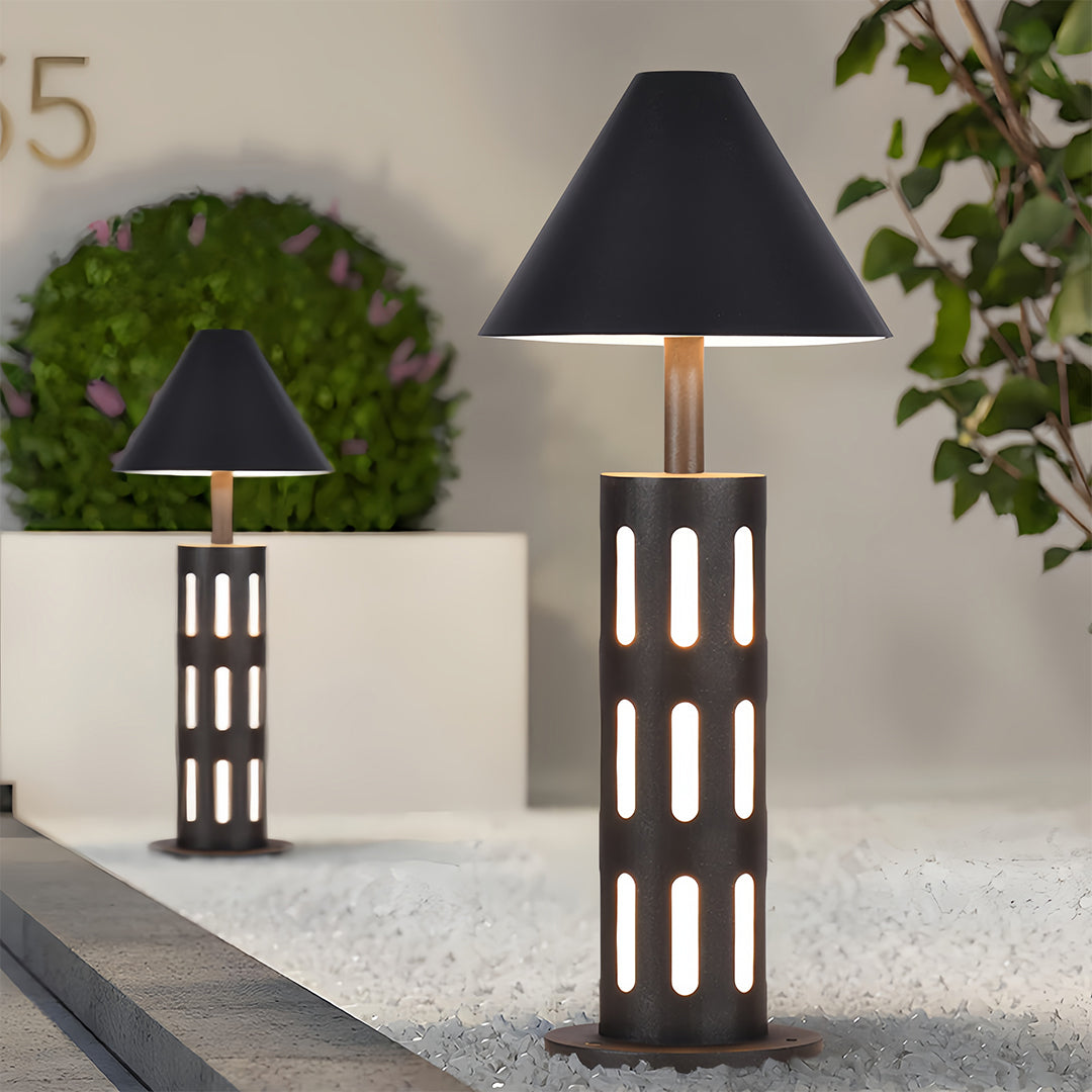 Industrial Perforated Cylindrical Bollard Path Light — Black Galvanized Steel, 10W LED, 3000K, IP65 Weatherproof