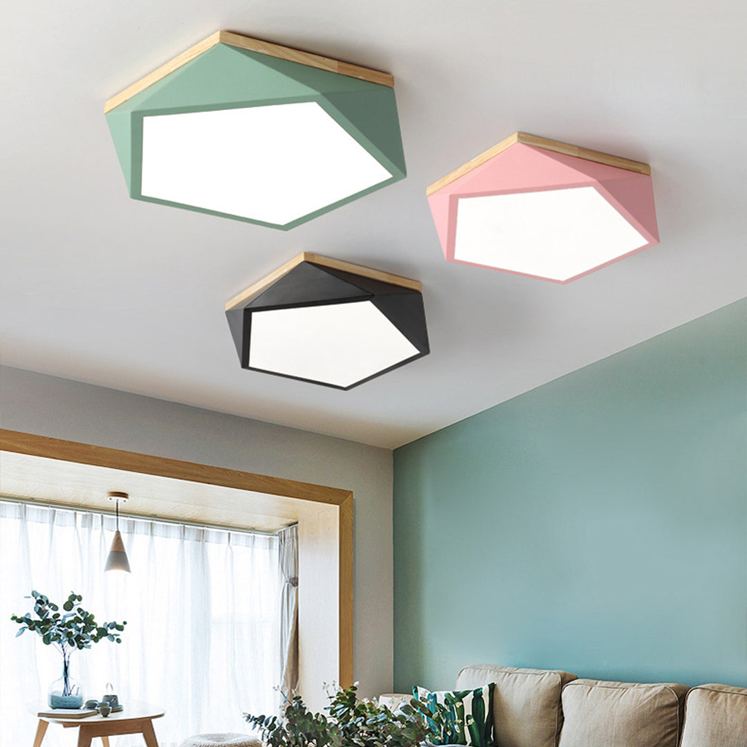 Geometric LED Flush-Mount Ceiling Light — Iron Frame, Acrylic Shade, Three-Color Dimming, 24W / 36W, 42cm / 52cm