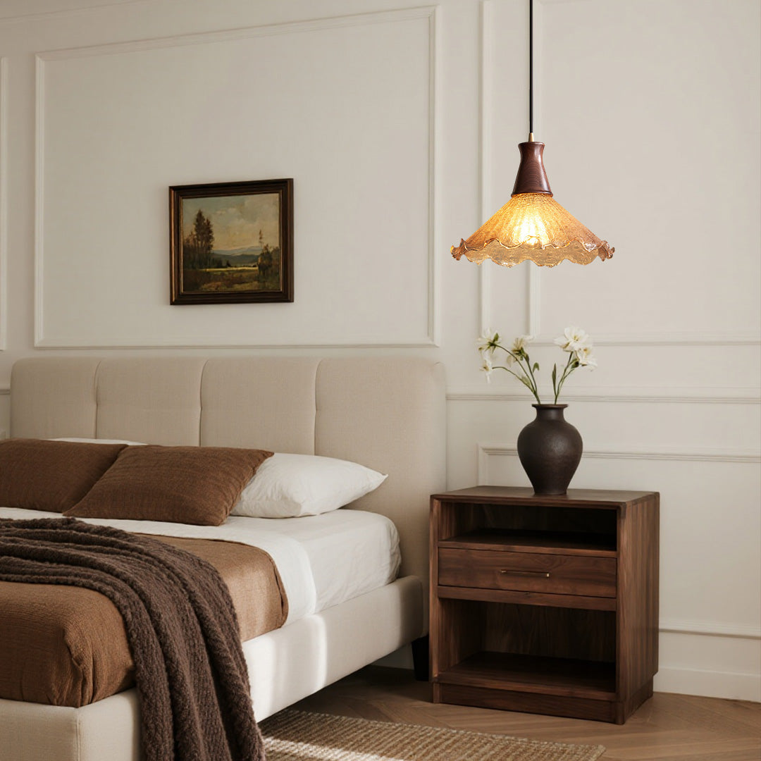 Vintage Brass Mini Pendant — H65 Brass, Cracked Glass, Walnut Wood, E27 LED, 3000K, 1-Light