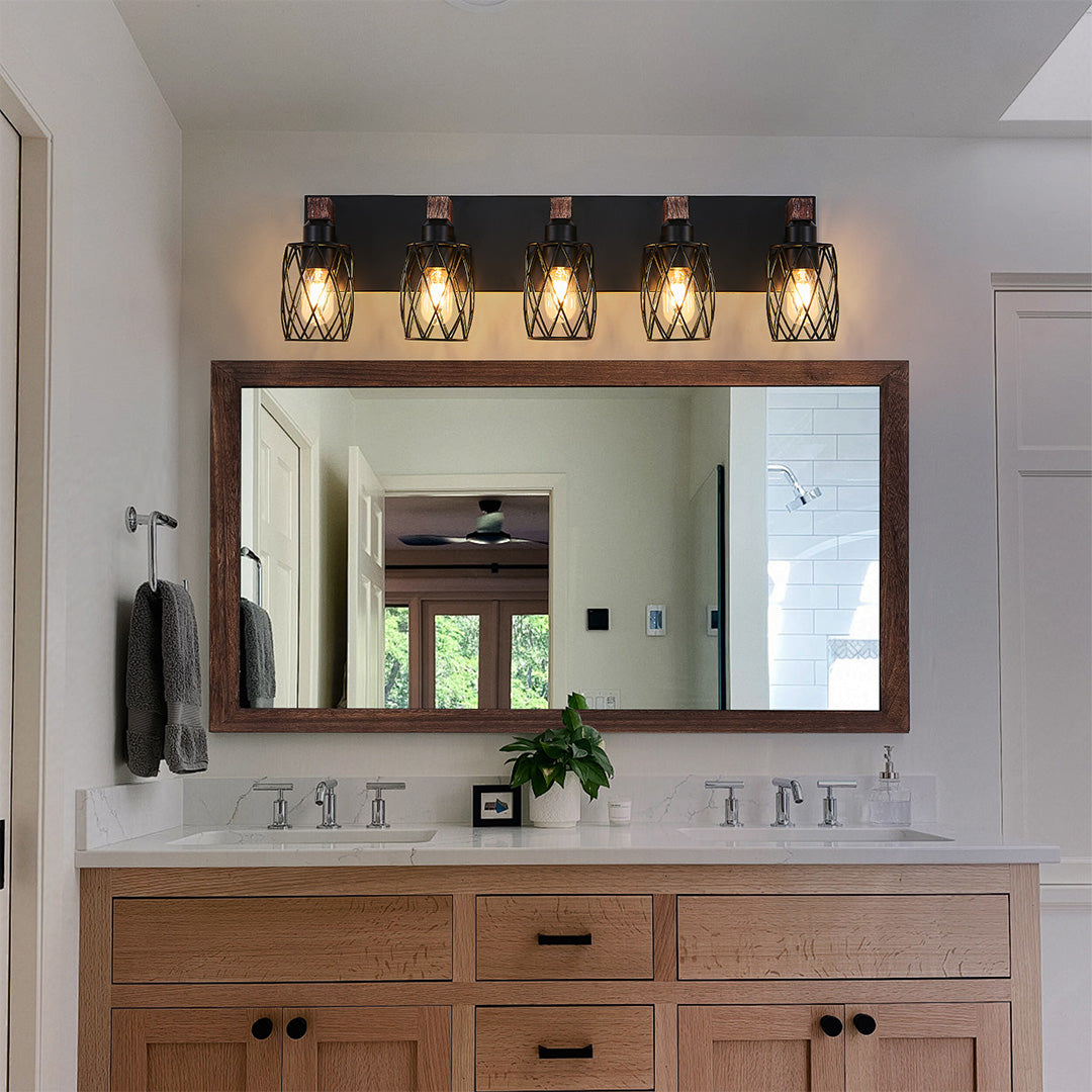 Metal Cage Bathroom Vanity Light — Black Finish, Walnut Wood, 3-to-7-Light, E26