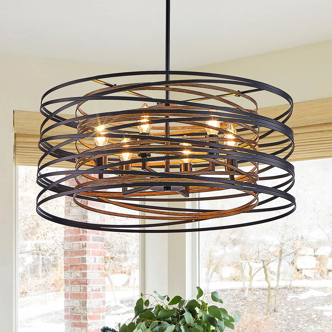 Round Drum Pendant Light — Black Iron, Walnut Wood Texture, Iron Cage, E12, 12.6" / 19.7" / 23.6"