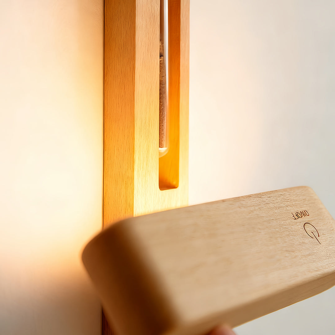 Minimalist Wood Wall Sconce with Glass Vase — Acrylic Diffuser, USB Rechargeable, Wireless Magnetic Mount