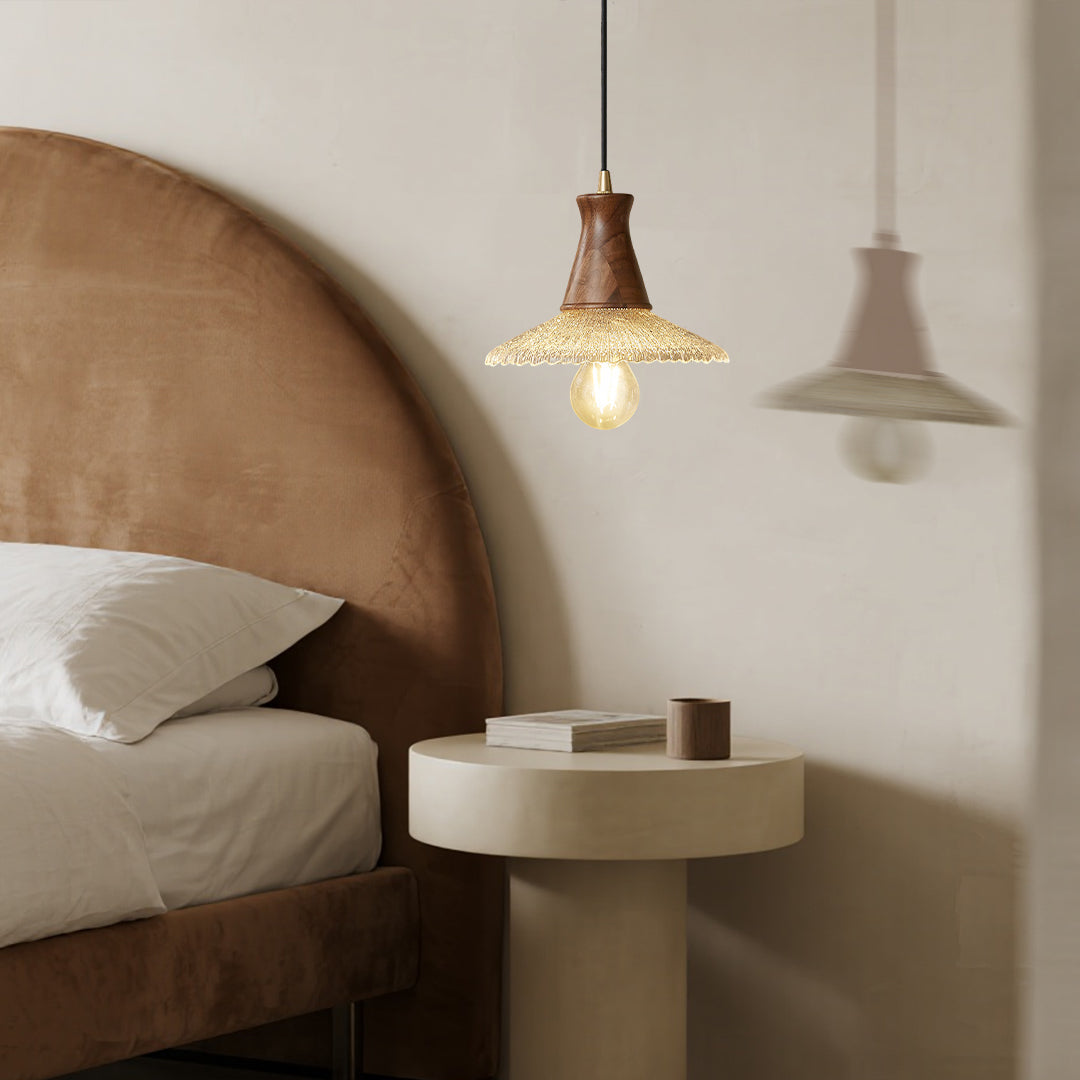 Wabi-Sabi Mini Pendant — Blown Glass, Walnut Wood and H65 Brass, 6W LED E27, 1.8m Adjustable Cord