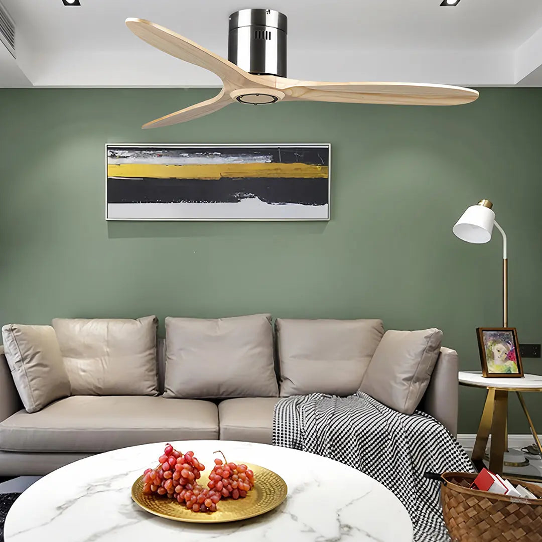 Flush Mount Wooden Ceiling Fan with Light and Quiet DC Motor Fandelier Luxe
