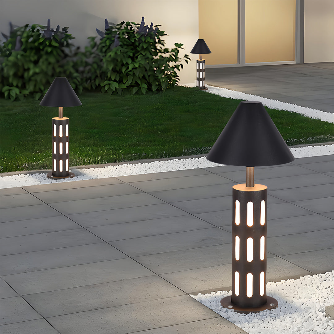 Industrial Perforated Cylindrical Bollard Path Light — Black Galvanized Steel, 10W LED, 3000K, IP65 Weatherproof