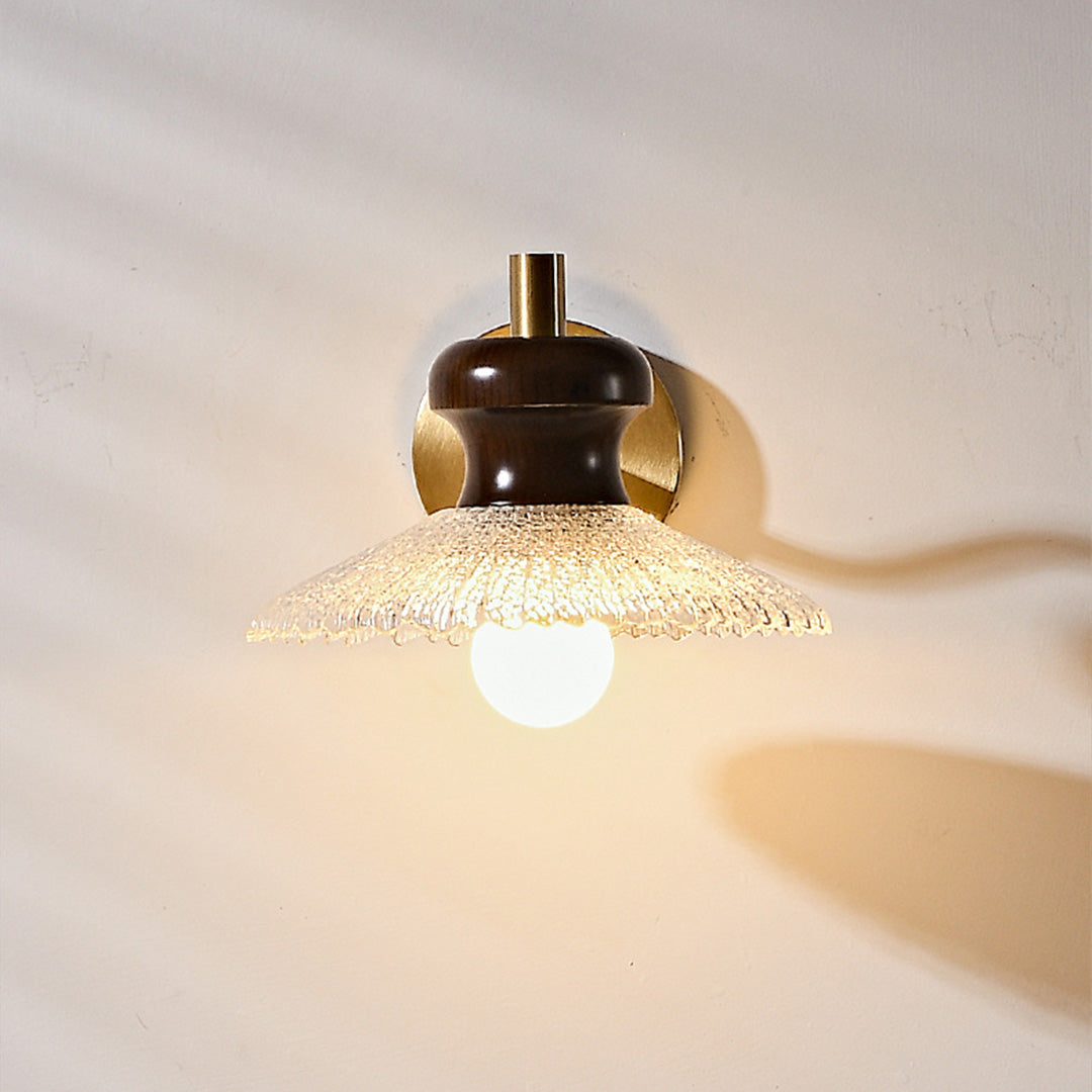 Retro Brass and Wax Wood Wall Sconce — Blown Glass Shade, E27, 6W Warm White, Hardwired