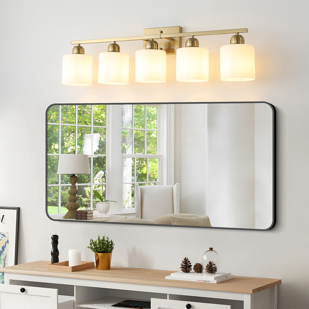 Minimalist Bathroom Vanity Light — Creamy White Glass, Metal Frame, E26, 4/5/6/8/10-Light, Matte Black / Sand Nickel / Copper