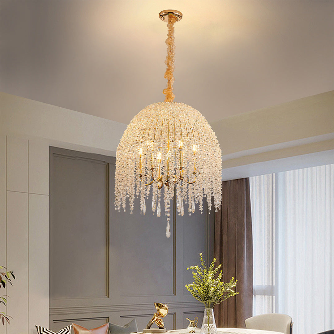 French Country Teardrop Crystal Chandelier — Gold Metal Frame, Adjustable 60" Chain, E12, Two Sizes