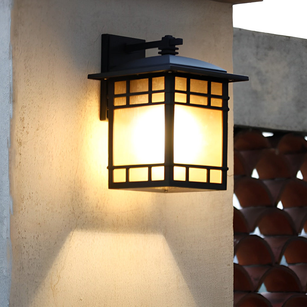 Vintage Industrial Outdoor Wall Sconce — Black Aluminum, Square Yellow Glass Shade, E27, Waterproof