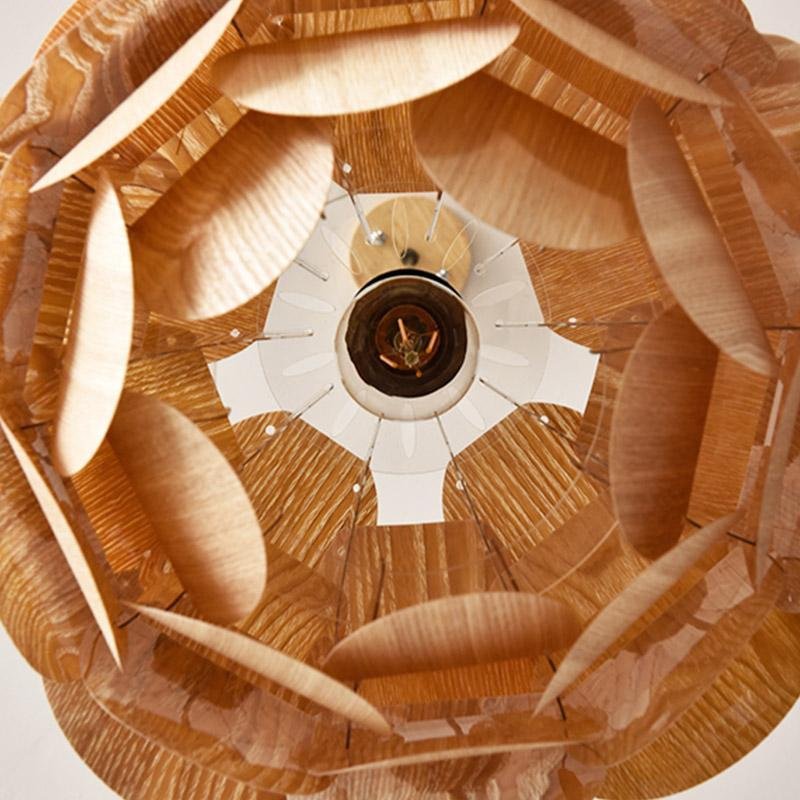 Pineapple-Shaped Rustic Wood Pendant Light — Ash Wood, 15" Diameter, LED, Hardwired, 48" Adjustable Cord