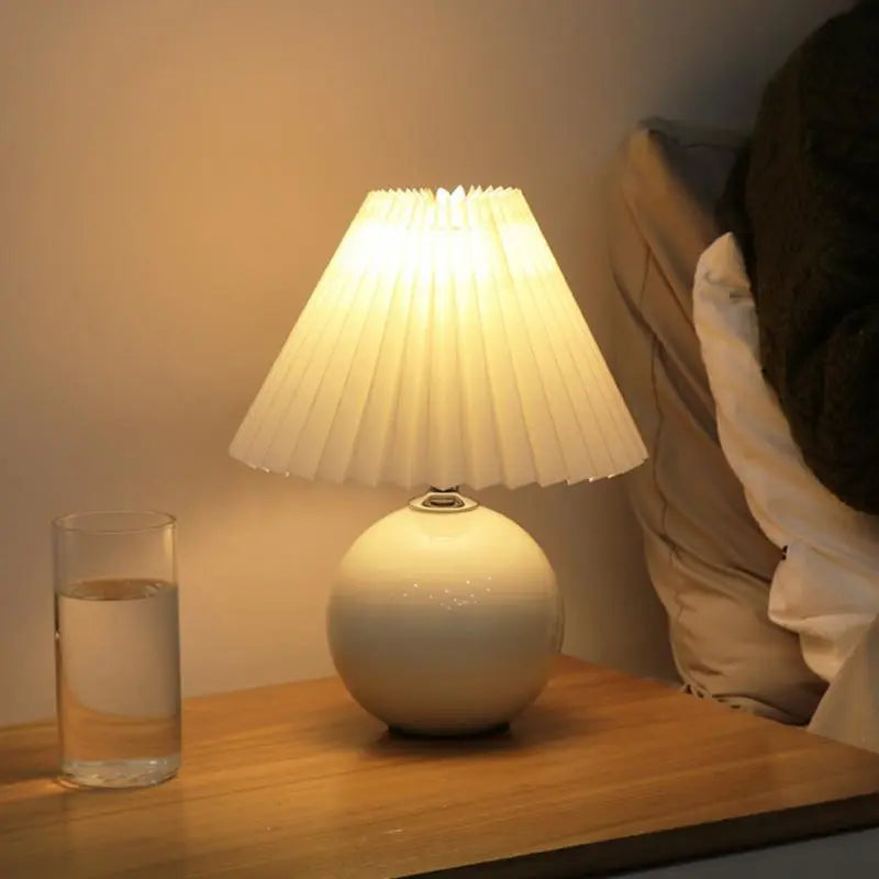 Contemporary White Ceramic Globe Table Lamp with Pleated Shade Luxe