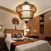 Two-Tier Moroccan Pendant Light — Bamboo, Dark Brown, Large Central Bulb, E26/E27, 20" Diameter