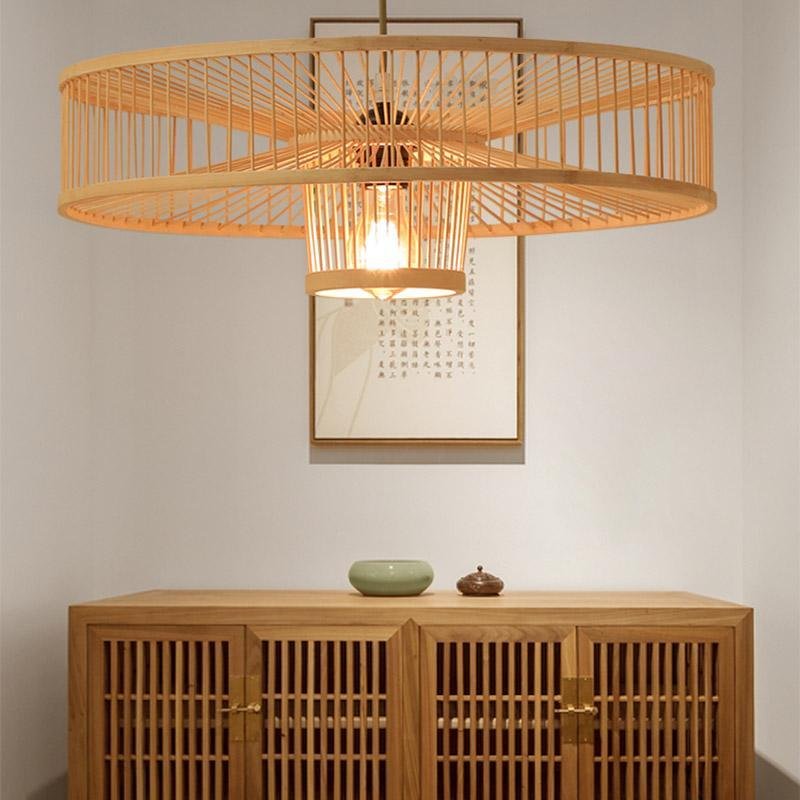 Farmhouse Drum Pendant Light — Bamboo, Burlywood, 20" Diameter, E26/E27, 30W Max