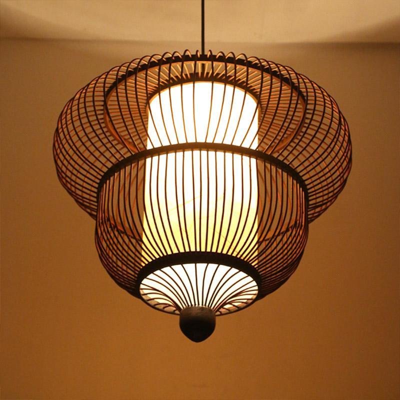 Two-Tier Moroccan Pendant Light — Bamboo, Dark Brown, Large Central Bulb, E26/E27, 20" Diameter