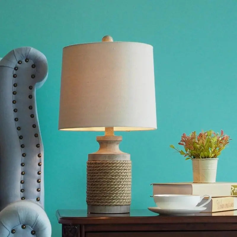 Stone Table Lamp with Rustic Oatmeal Fabric Shade and Rope Accent Luxe