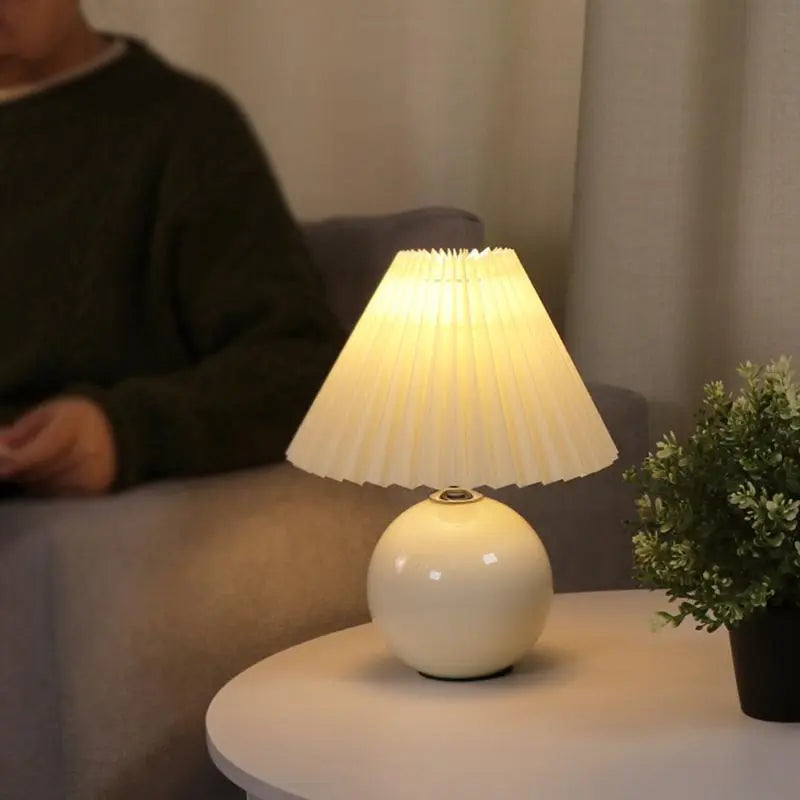Contemporary White Ceramic Globe Table Lamp with Pleated Shade Luxe