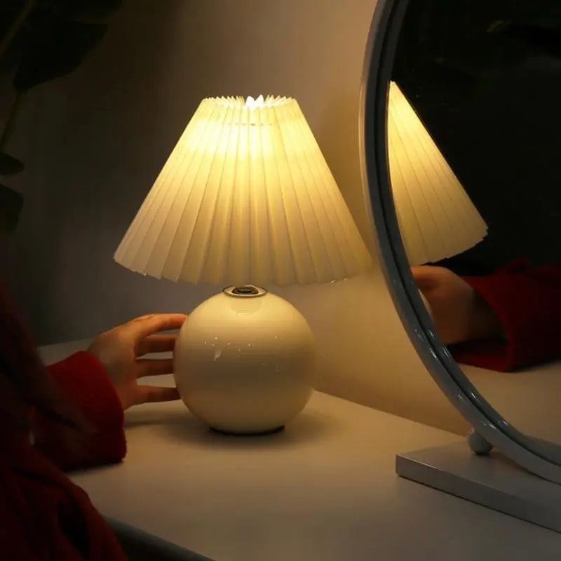 Contemporary White Ceramic Globe Table Lamp with Pleated Shade Luxe