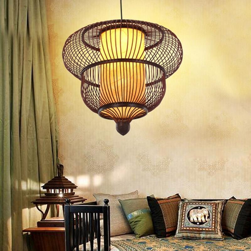 Two-Tier Moroccan Pendant Light — Bamboo, Dark Brown, Large Central Bulb, E26/E27, 20" Diameter
